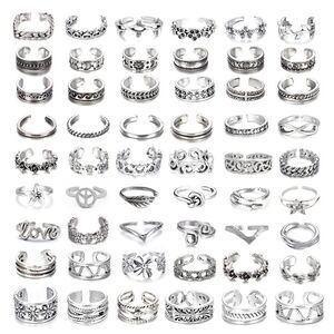 Silver Adjustable Boho Open Toe Rings - Set of 54